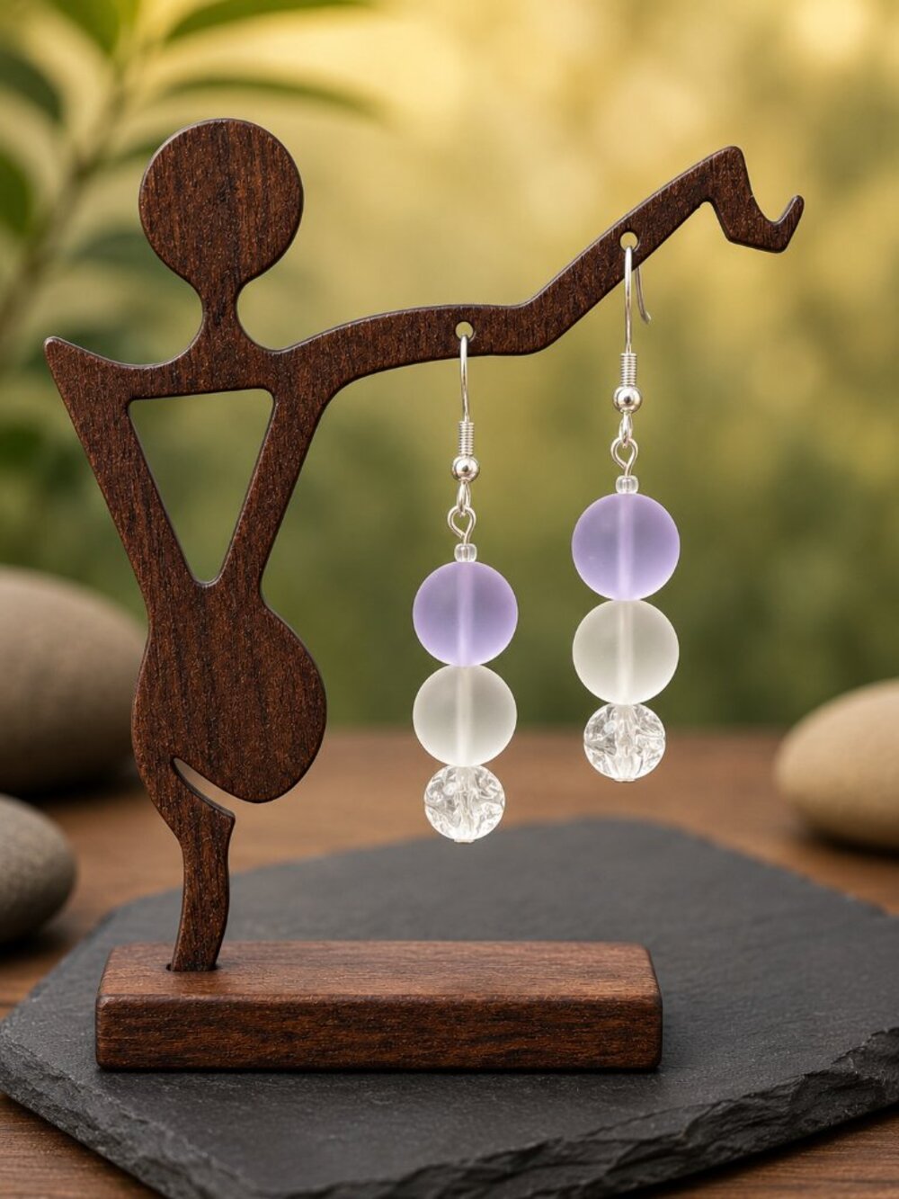 Sea Glass Drop Earrings Purple and White | Handmade - Picture 4 of 5